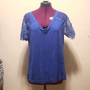 Blue Vneck top with lace sleeves